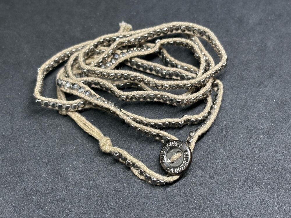 Club Monaco Silver Faceted Bead Multi Wrap Bracelet Beige Cord Button Closure